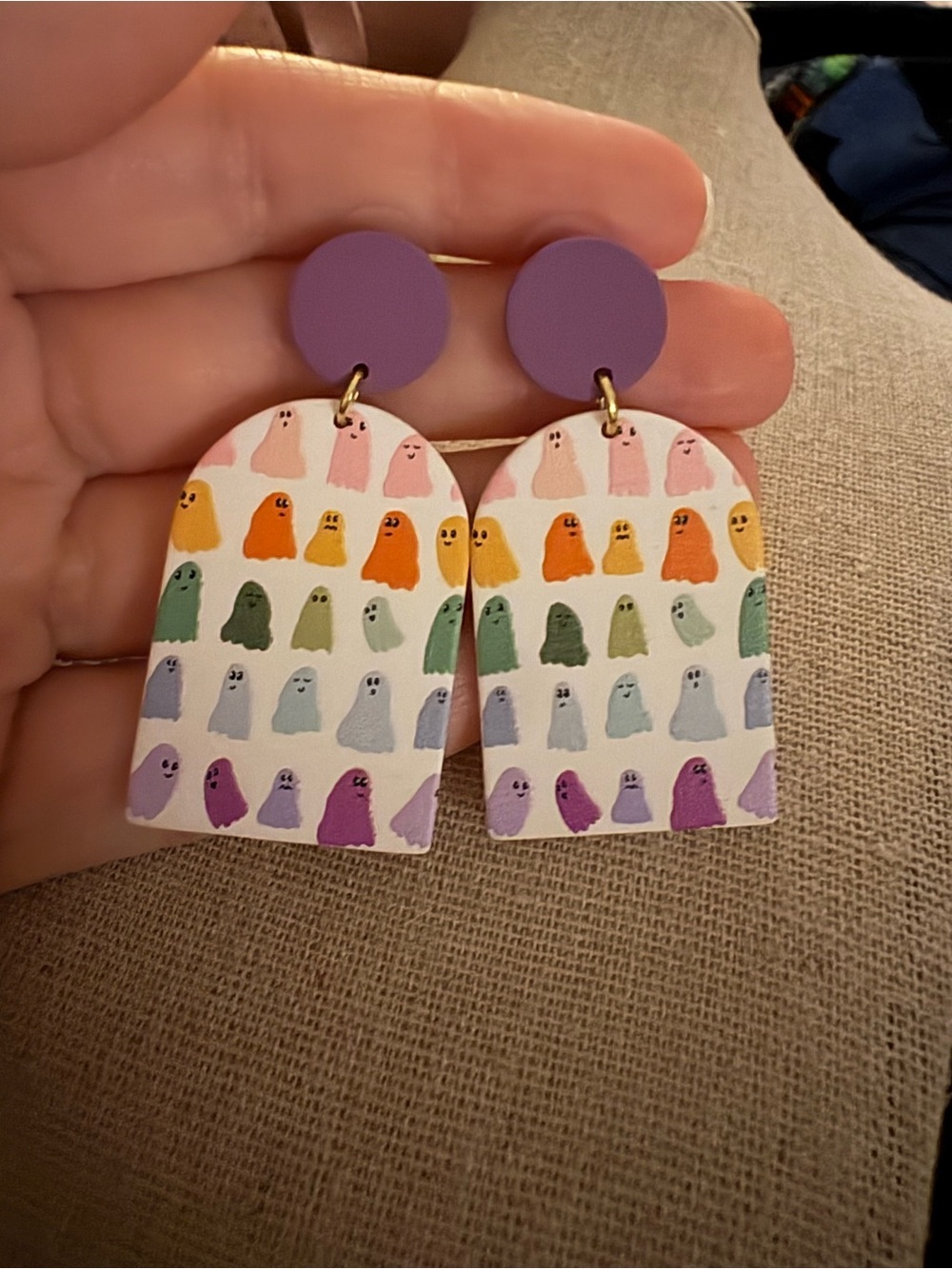 Purple Ghost Pattern Arch Drop Earrings